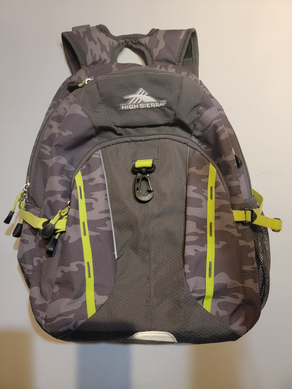 High Sierra Gray Camo Backpack with Lime Trim